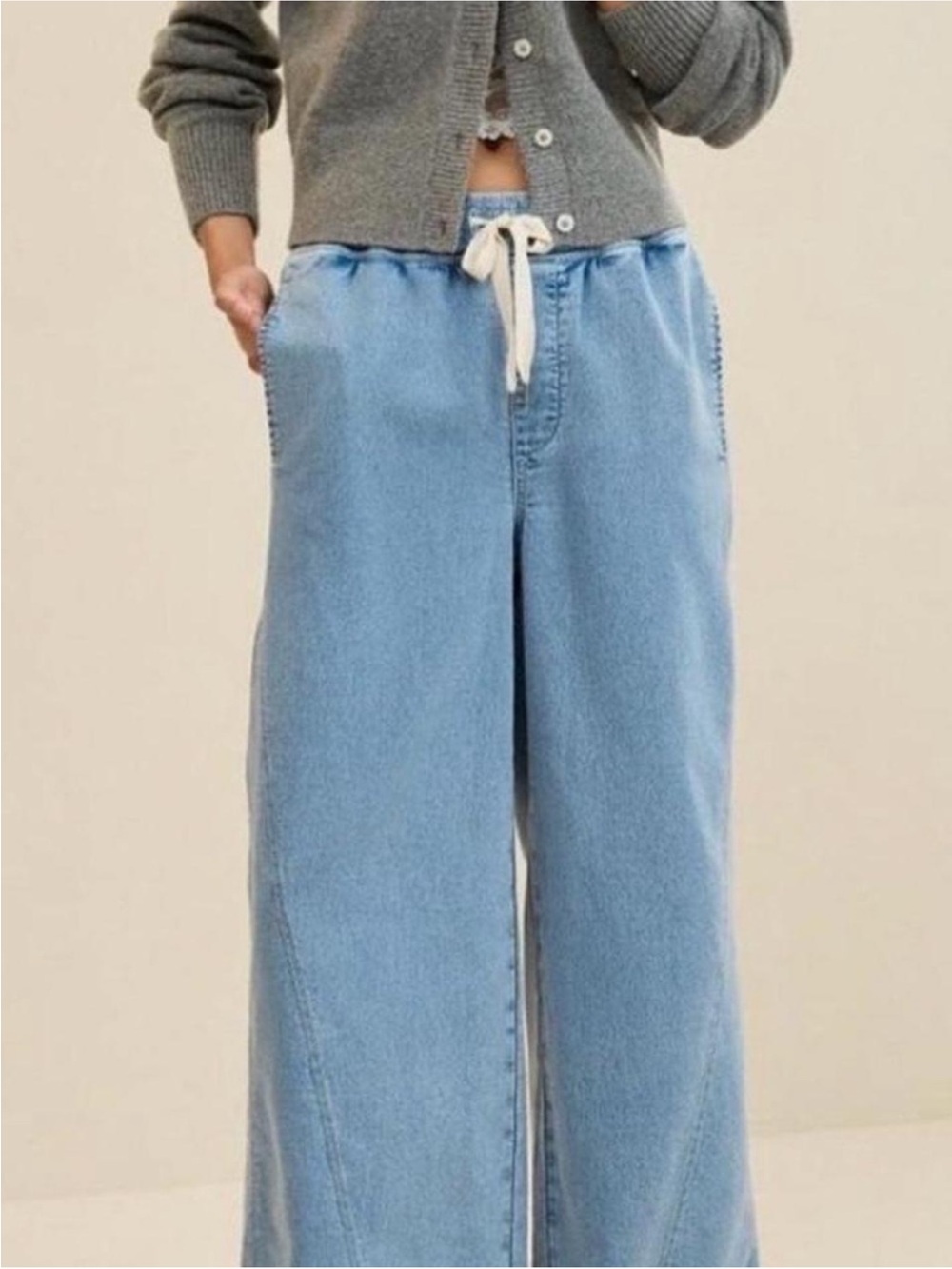 aerie Light Blue Wide-Leg Drawstring Jeans (soft landing)